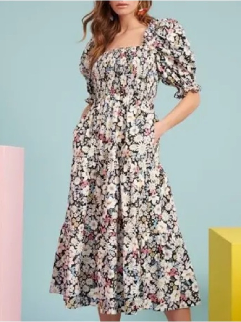 Rachel Parcell Black Floral Smocked Dress with Pink, Blue, Yellow Accents